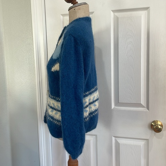 Vintage hand knit mohair button down floral blue cardigan sweater women’s size M - Picture 8 of 9